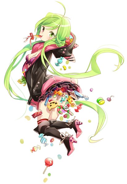 Anime picture 800x1164 with original hajida (artist) single long hair tall image looking at viewer blush simple background white background twintails ahoge green hair heterochromia jumping girl food sweets hood knee boots candy