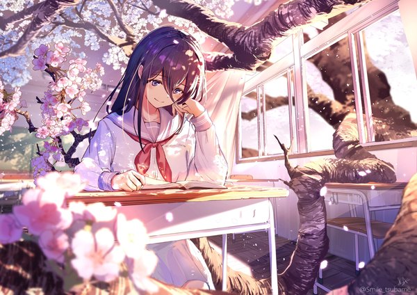 Anime picture 4096x2896 with original tsubameno single long hair blush fringe highres blue eyes black hair smile sitting signed absurdres indoors long sleeves twitter username cherry blossoms looking down head rest reading