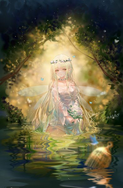 Anime picture 3600x5500 with original sheya single long hair tall image looking at viewer fringe highres open mouth standing green eyes signed absurdres outdoors blunt bangs green hair pointy ears blurry off shoulder wide sleeves