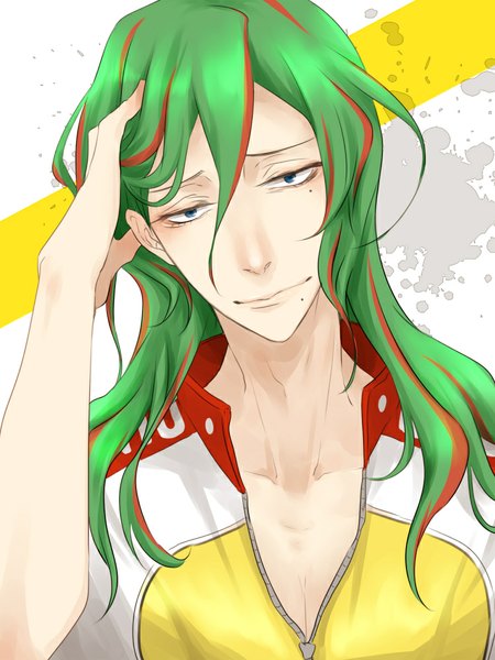 Anime picture 750x1000 with yowamushi pedal makishima yuusuke nayuta (hanayushi) single long hair tall image looking at viewer blue eyes multicolored hair green hair light smile mole two-tone hair streaked hair mole under eye adjusting hair portrait mole under mouth partially open clothes boy