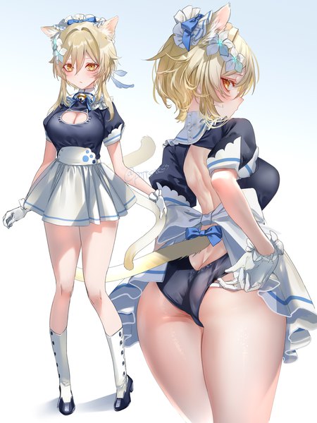 Anime picture 6000x8000 with genshin impact lumine (genshin impact) pottsness tall image looking at viewer blush fringe highres short hair breasts light erotic simple background blonde hair hair between eyes large breasts standing animal ears yellow eyes absurdres full body