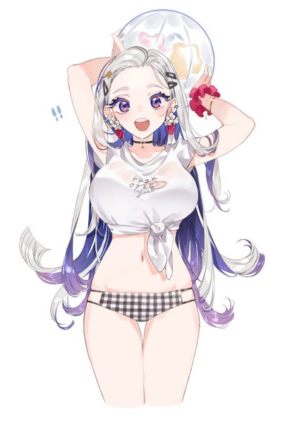 Anime picture 570x807 with original yua (tick-tack) single long hair tall image looking at viewer breasts open mouth light erotic simple background large breasts standing white background purple eyes silver hair purple hair :d multicolored hair arms up teeth