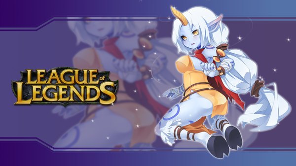 Anime picture 1920x1080 with league of legends soraka (league of legends) kaka cheung single blush highres breasts light erotic wide image yellow eyes white hair very long hair horn (horns) pointy ears tattoo blue skin girl bandage (bandages)