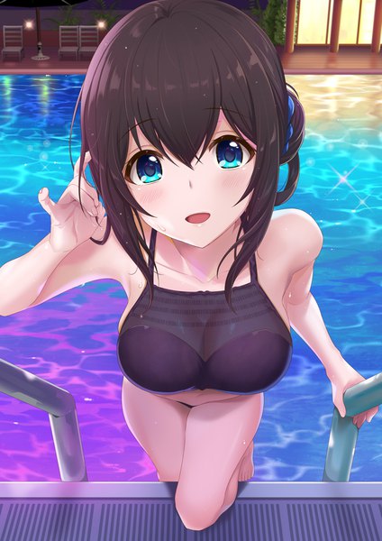 Anime picture 728x1029 with idolmaster idolmaster cinderella girls idolmaster cinderella girls starlight stage sagisawa fumika azuki yui single long hair tall image looking at viewer blush fringe breasts open mouth blue eyes light erotic hair between eyes brown hair large breasts payot bent knee (knees)