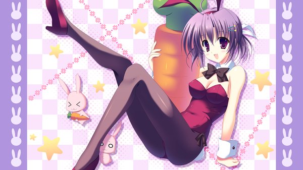 Anime picture 1920x1080 with pia carrot pia carrot 4 kamine ayaka highres short hair light erotic wide image purple eyes purple hair bunny ears girl bunnysuit vegetables bunny carrot