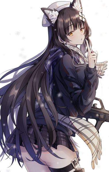 Anime picture 1131x1790 with girls frontline type 95 (girls frontline) type 95 (pure white graduation) (girls frontline) kogarashi kon single long hair tall image looking at viewer fringe light erotic black hair white background animal ears yellow eyes ass blunt bangs turning head official alternate costume finger to mouth girl