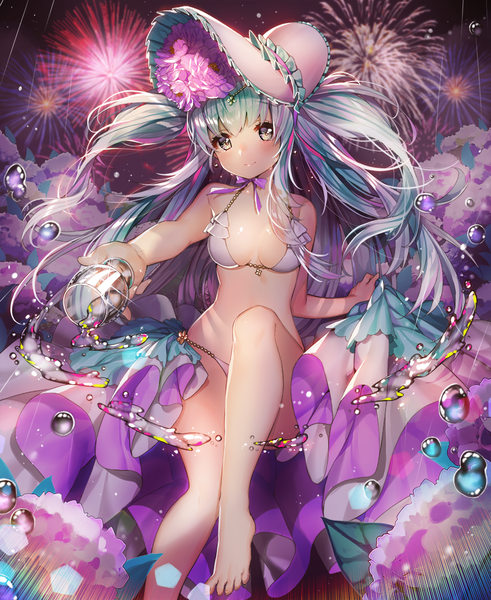 Anime picture 862x1052 with sword girls gambe single long hair tall image looking at viewer blush fringe light erotic twintails barefoot hair flower light smile aqua hair grey eyes outstretched arm fireworks girl flower (flowers) swimsuit