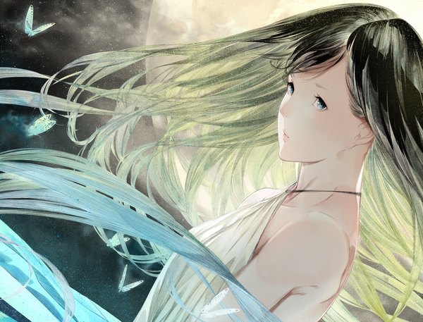 Anime picture 1000x762 with sousou (sousouworks) single long hair blue eyes black hair bare shoulders looking away night sleeveless fog girl insect butterfly moon star (stars) full moon