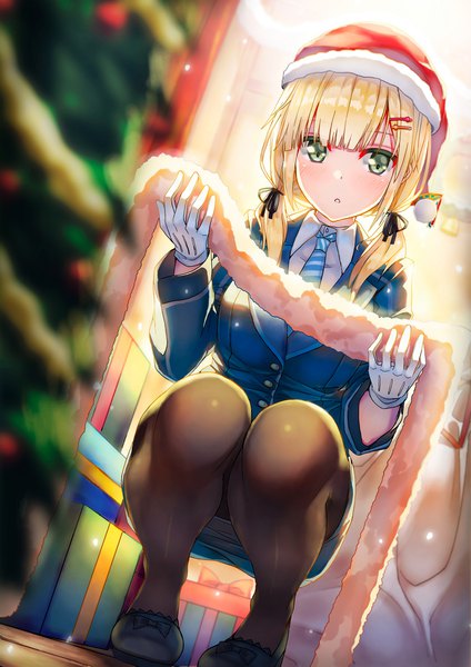 Anime picture 1333x1885 with original 90i single long hair tall image looking at viewer blush fringe breasts light erotic blonde hair hair between eyes twintails holding green eyes indoors blunt bangs long sleeves blurry dutch angle