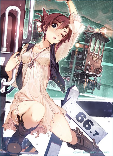 Anime picture 618x850 with rail wars! sakurai aoi vania600 single tall image looking at viewer blush fringe short hair breasts open mouth hair between eyes brown hair standing holding signed sky cleavage cloud (clouds) full body