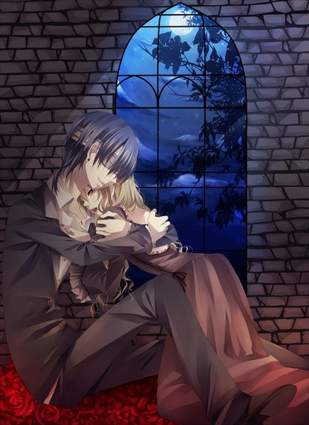 Anime picture 1275x1750 with tsukioka tsukiho tall image blonde hair red eyes night teeth fang (fangs) couple crying vampire dress window rose (roses) moon pants