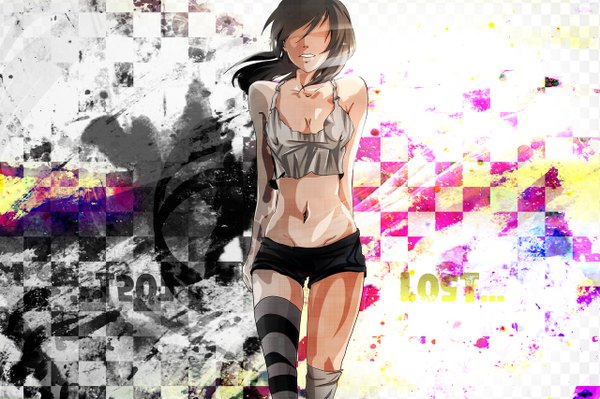 Anime picture 1280x853 with original reny chan (mn025) single long hair breasts open mouth light erotic brown hair bare shoulders midriff checkered checkered background girl thighhighs navel white thighhighs shorts striped thighhighs cage