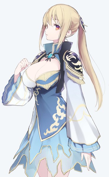 Anime picture 1000x1620 with shin sangoku musou wang yuanji itsumi (itumiyuo) single long hair tall image looking at viewer fringe breasts light erotic simple background blonde hair hair between eyes large breasts standing brown eyes payot cleavage ponytail wide sleeves