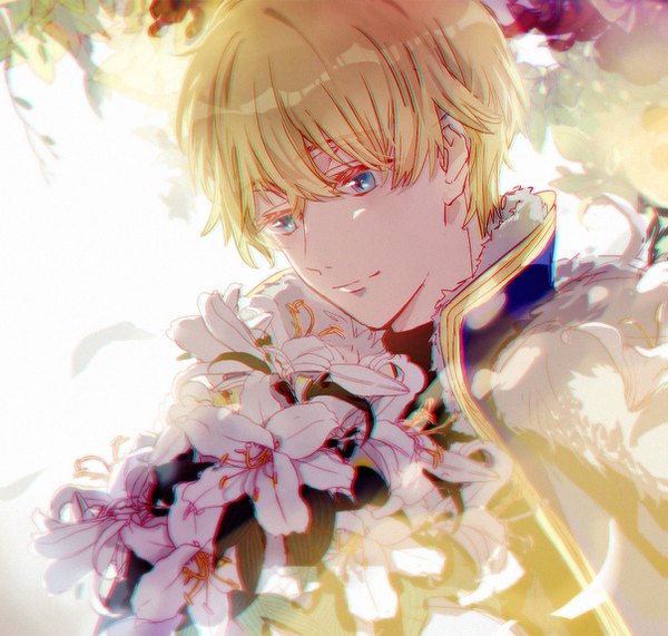 Anime picture 1207x1150 with fate (series) fate/grand order gawain (fate) kanose single fringe short hair blue eyes blonde hair hair between eyes upper body looking down boy flower (flowers) bouquet lily (flower)