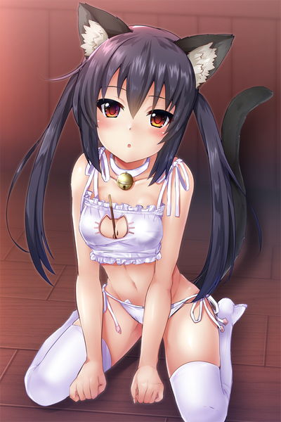 Anime-Bild 640x960 mit k-on! kyoto animation nakano azusa samoore single long hair tall image looking at viewer blush fringe breasts open mouth light erotic black hair hair between eyes sitting twintails brown eyes animal ears cleavage