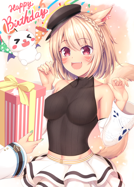 Anime picture 1000x1390 with final fantasy final fantasy xiv square enix miqo'te moogle tiphereth tall image blush fringe short hair breasts open mouth light erotic simple background blonde hair smile hair between eyes red eyes bare shoulders holding