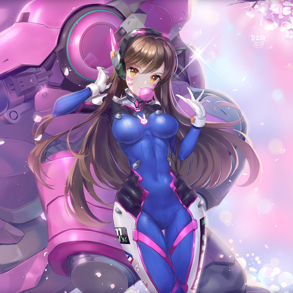 Anime picture 1500x1500 with overwatch blizzard entertainment d.va (overwatch) meka (overwatch) ttaji (pass35) single long hair looking at viewer fringe light erotic brown hair brown eyes sparkle thigh gap cherry blossoms facial mark whisker markings skin tight girl gloves