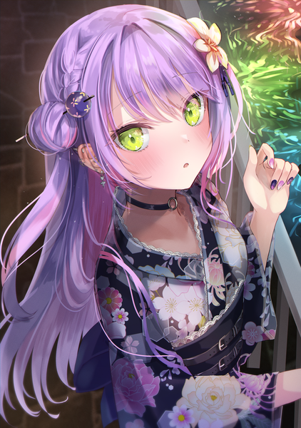 Anime picture 2744x3901 with virtual youtuber hololive tokoyami towa fuyoyo single long hair tall image looking at viewer blush fringe highres green eyes purple hair nail polish traditional clothes japanese clothes from above hair bun (hair buns) one side up purple nail polish