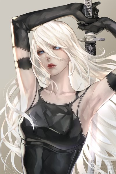 Anime picture 1000x1500 with nier nier:automata yorha type a no. 2 wandzardeen single long hair tall image looking at viewer blush fringe breasts blue eyes light erotic simple background hair between eyes holding signed upper body white hair parted lips