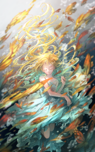 Anime picture 1200x1920 with original nemumi no sora single tall image blonde hair signed full body eyes closed very long hair floating hair underwater girl dress insect butterfly bubble (bubbles) blue dress