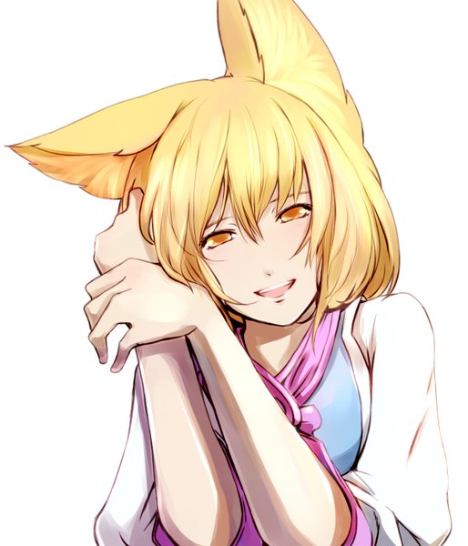 Anime picture 1200x1400 with touhou yakumo ran dearmybrothers single tall image looking at viewer fringe short hair open mouth simple background blonde hair white background animal ears yellow eyes happy girl