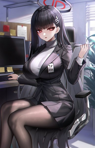Anime picture 1607x2500 with blue archive rio (blue archive) eternity (shadeh) single tall image looking at viewer fringe breasts open mouth black hair red eyes large breasts sitting holding indoors blunt bangs long sleeves very long hair sunlight office