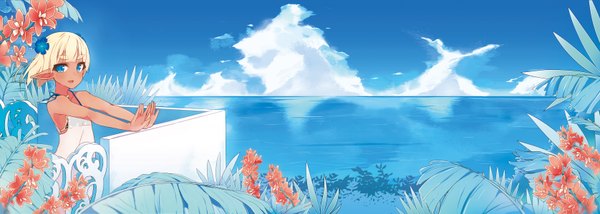 Anime picture 3352x1200 with original maze (gochama ze gohan) single looking at viewer blush highres short hair blue eyes blonde hair wide image pointy ears horizon scenic tan girl dress flower (flowers) plant (plants) white dress sea