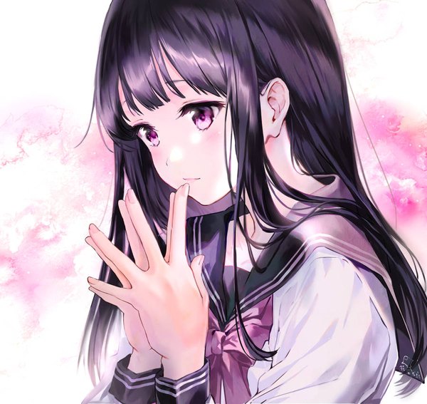 Anime picture 900x850 with original pierorabu single long hair blush fringe black hair purple eyes looking away upper body hands clasped girl uniform serafuku