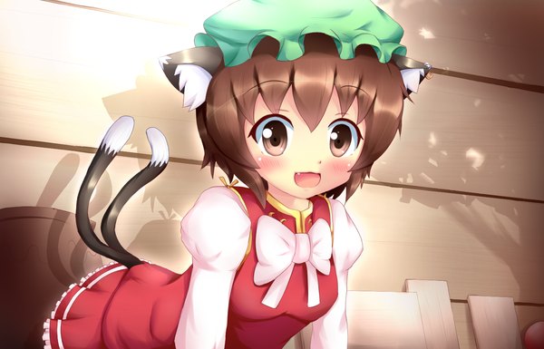 Anime picture 1400x900 with touhou chen kane-neko single blush short hair open mouth brown hair brown eyes animal ears cat ears cat girl cat tail multiple tails girl dress bowtie bonnet
