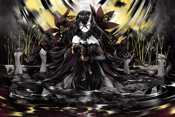 Anime picture 1400x937 with kantai collection battleship water oni neko (yanshoujie) single looking at viewer black hair hair between eyes red eyes holding very long hair horn (horns) oni horns white skin hair bell girl dress gloves flower (flowers) plant (plants) black gloves