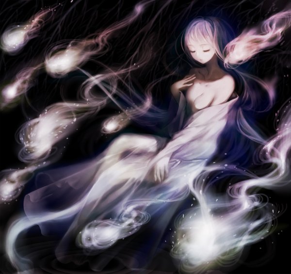 Anime picture 2500x2358 with original isaki uta single long hair highres breasts open mouth light erotic simple background sitting cleavage purple hair eyes closed long sleeves very long hair ghost partial nude ripples girl dress