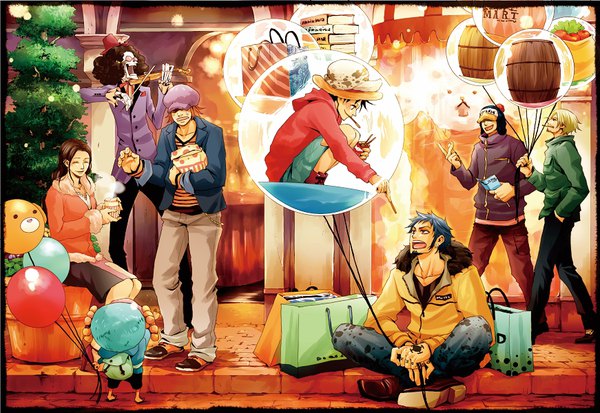 Anime picture 871x600 with one piece toei animation monkey d. luffy nico robin sanji tony tony chopper trafalgar law brook (one piece) bepo penguin (one piece) shachi (one piece) long hair fringe short hair open mouth black hair blonde hair smile brown hair sitting