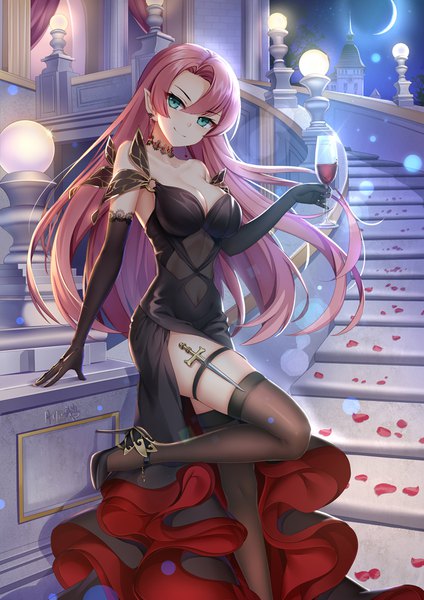 Anime-Bild 744x1052 mit azur lane duke of york (azur lane) duke of york (carola of the eternal night) (azur lane) yue xiao e single long hair tall image looking at viewer fringe breasts light erotic smile hair between eyes large breasts standing bare shoulders holding payot pink hair cleavage