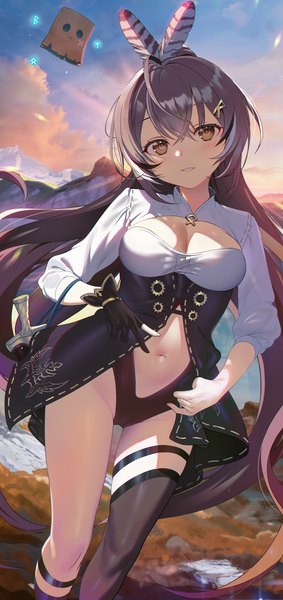 Anime picture 2000x4240 with virtual youtuber hololive hololive english nanashi mumei nanashi mumei (1st costume) friend (nanashi mumei) seicoh single tall image looking at viewer blush fringe highres breasts light erotic brown hair standing brown eyes sky cleavage