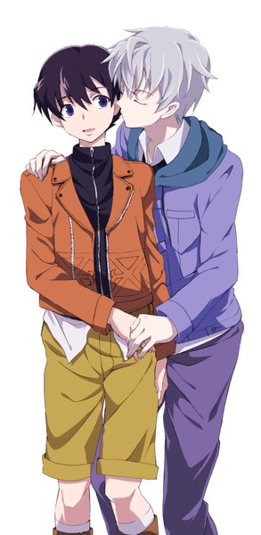 Anime picture 528x1078 with mirai nikki amano yukiteru akise aru beru tall image fringe short hair open mouth blue eyes black hair hair between eyes standing white background looking away silver hair eyes closed open jacket multiple boys holding hands shounen ai