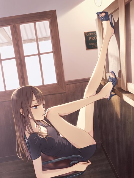 Anime picture 751x1000 with original tokumaru single long hair tall image fringe breasts blue eyes brown hair bent knee (knees) indoors profile fingernails bare legs high heels legs girl dress black dress chair