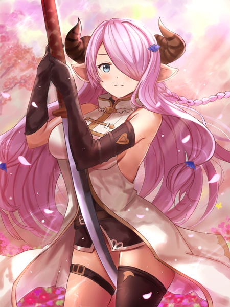Anime picture 600x800 with granblue fantasy narmaya (granblue fantasy) aqua (popogori) single long hair tall image looking at viewer blush fringe breasts blue eyes light erotic smile large breasts standing bare shoulders holding pink hair braid (braids) horn (horns)