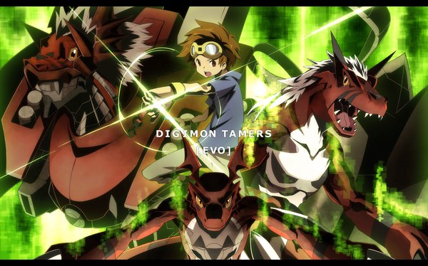 Anime picture 1680x1049 with digimon google digimon tamers matsuda takato growmon guilmon megalogrowmon hajime (hajime-ill-1st) short hair brown hair wide image brown eyes horn (horns) teeth fang (fangs) wallpaper boy goggles wristlet monster