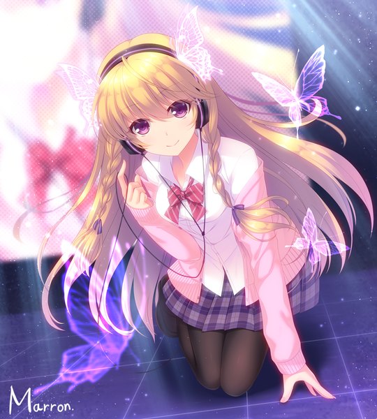 Anime-Bild 900x1000 mit original maron (1212ama) single long hair tall image looking at viewer fringe blonde hair hair between eyes sitting purple eyes signed full body ahoge braid (braids) long sleeves pleated skirt open clothes arm support leaning