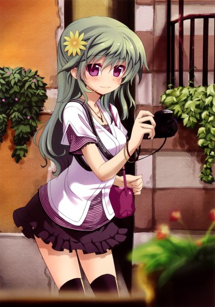 Anime picture 1902x2708 with minamura haruki single tall image highres pink eyes hair flower green hair girl hair ornament plant (plants) bag camera