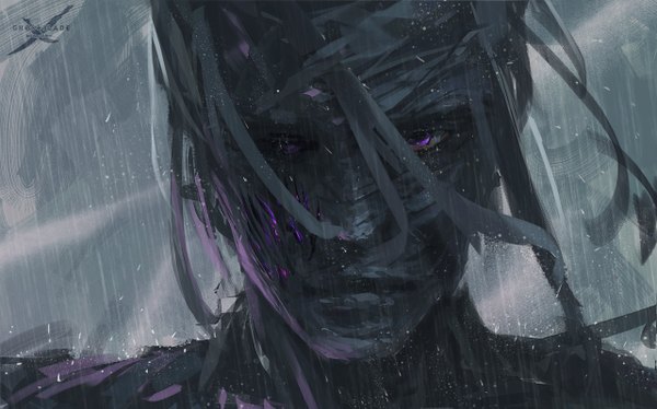 Anime picture 1280x799 with ghost blade ghostblade wlop single looking at viewer wide image purple eyes wet close-up rain boy bandage (bandages)