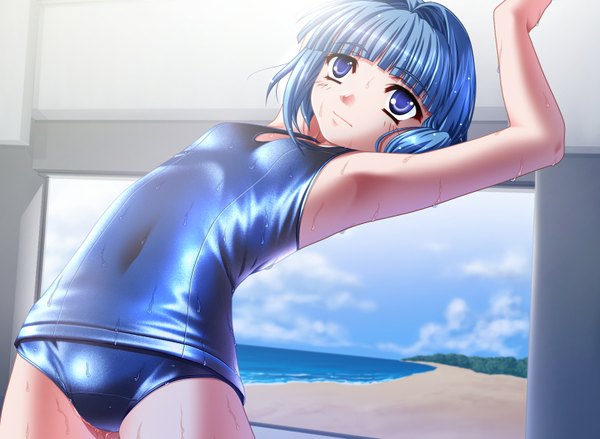 Anime picture 1600x1172 with short hair light erotic purple eyes blue hair armpit (armpits) wet swimsuit one-piece swimsuit school swimsuit