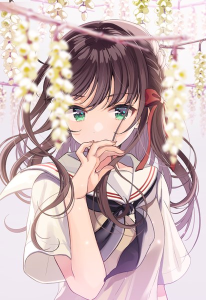 Anime picture 1751x2550 with original shigure ui single long hair tall image looking at viewer blush fringe highres brown hair green eyes upper body braid (braids) fingernails short sleeves depth of field side braid covered mouth girl uniform