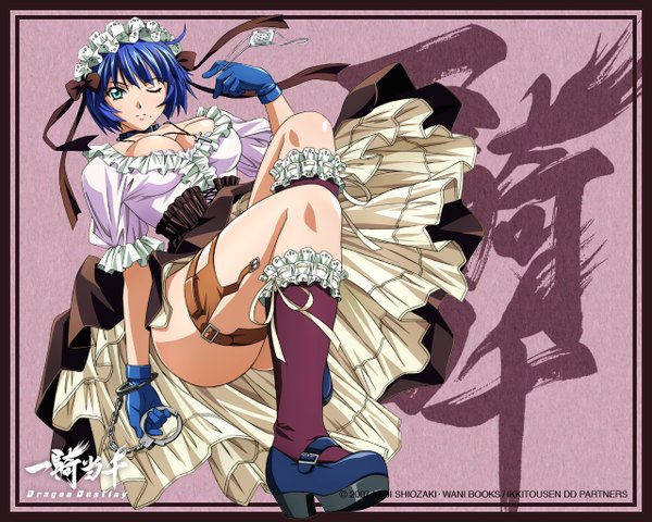 Anime picture 1280x1024 with ikkitousen ryomou shimei light erotic cleavage mole mole under mouth handcuffs