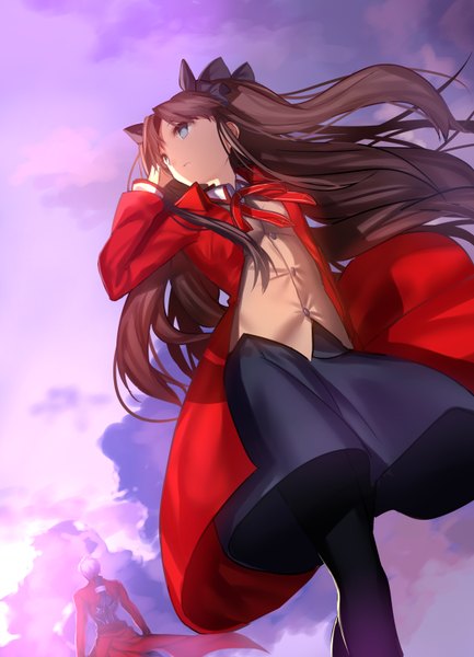 Anime picture 578x800 with fate (series) fate/stay night type-moon toosaka rin archer (fate) mashima saki (mashimasa) long hair tall image blue eyes black hair looking away sky cloud (clouds) girl skirt bow hair bow coat