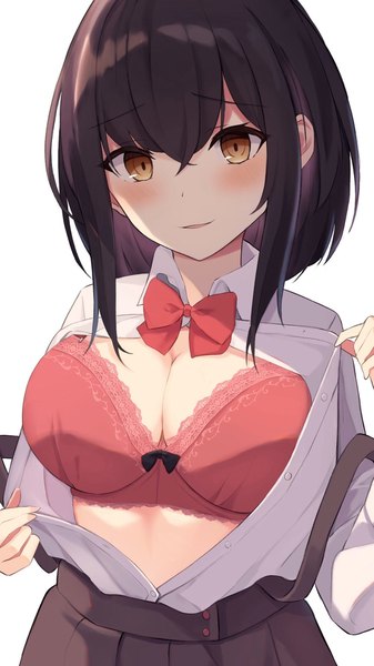 Anime picture 1089x1936 with original mizu (lzzrwi603) single tall image looking at viewer blush fringe short hair breasts light erotic black hair simple background hair between eyes large breasts white background brown eyes cleavage parted lips partially open clothes lace-trimmed bra