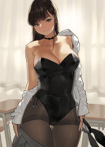Anime picture 715x1000 with miru tights nakabeni yua yomu (sgt epper) single long hair tall image looking at viewer blush fringe breasts light erotic black hair smile large breasts standing bare shoulders holding brown eyes animal ears indoors