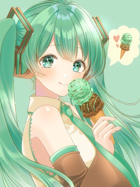 Anime picture 768x1024 with vocaloid hatsune miku konpeito1025 single long hair tall image looking at viewer blush simple background twintails upper body aqua eyes aqua hair aqua background girl detached sleeves food sweets ice cream speech bubble