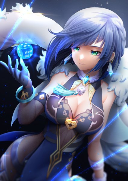 Anime picture 2150x3035 with genshin impact yelan (genshin impact) royboy single tall image looking at viewer fringe highres short hair breasts light erotic smile large breasts bare shoulders green eyes blue hair cleavage blunt bangs mole dutch angle