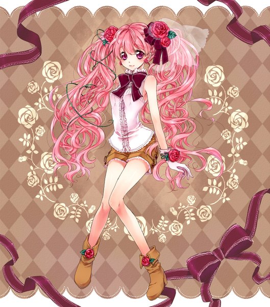 Anime picture 1500x1700 with original yuh (artist) single long hair tall image twintails pink hair pink eyes hair flower curly hair girl hair ornament bow hair bow shorts boots bracelet veil